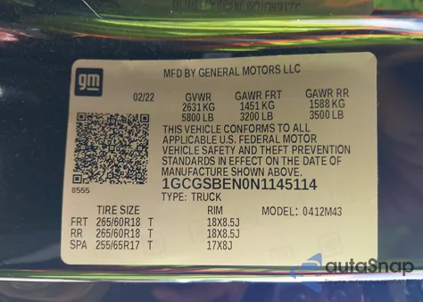 2022 Chevrolet Colorado 2Wd Short Box Wt z USA, uszkodzony, nr VIN 1GCGSBEN0N1145114